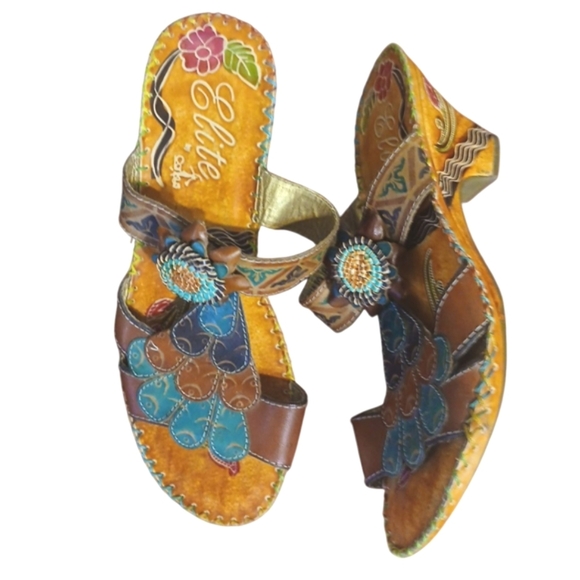 Elite Navajo Painted Leather Sandaks Bohemian Mosaic Open-Toe Mules Size 8 - Picture 1 of 11